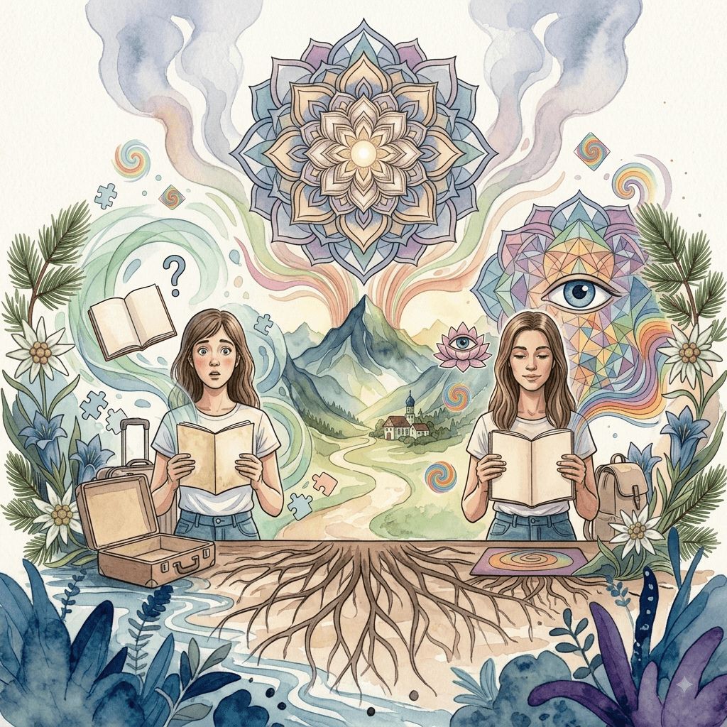 Watercolor: two women with open books, an open suitcase on the left, a backpack on the right, and between them a mountain valley with a church, under a mandala